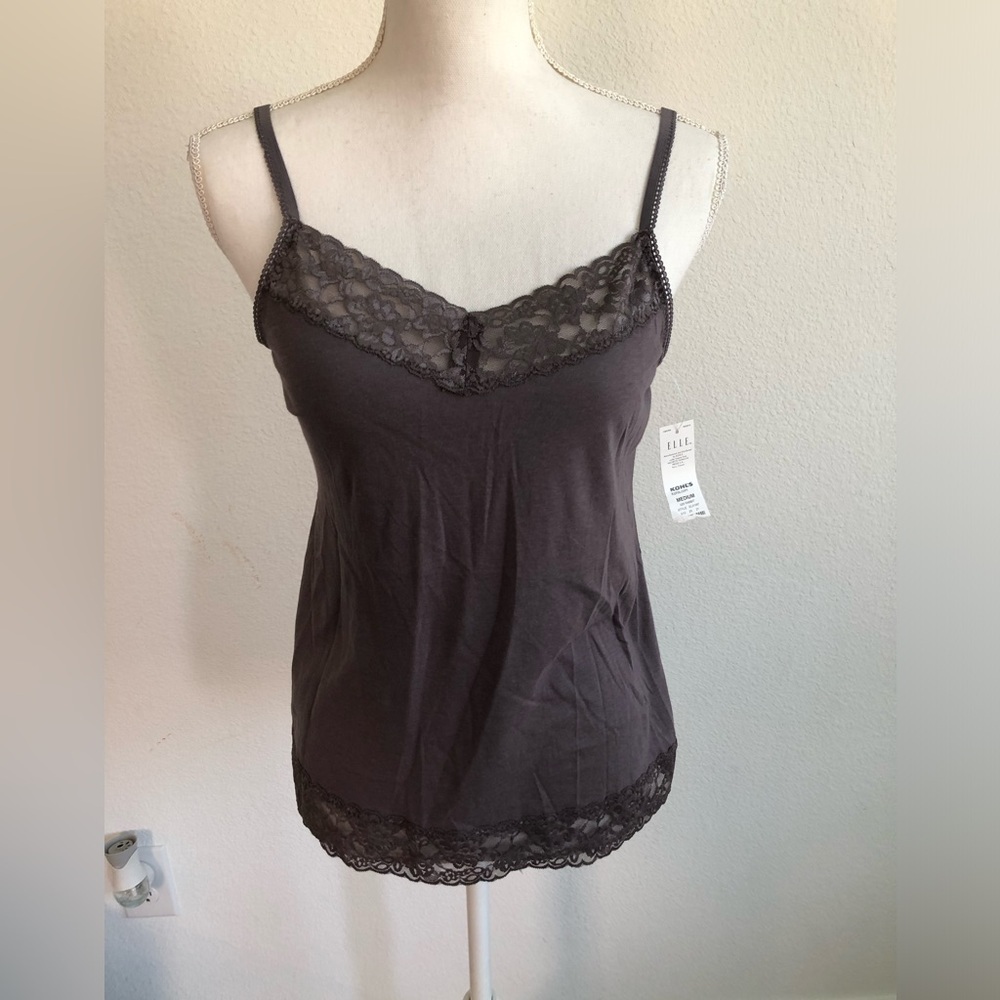 Elle Must Have Cami Pima Cotton Gray Lace Trim Tank Top Medium